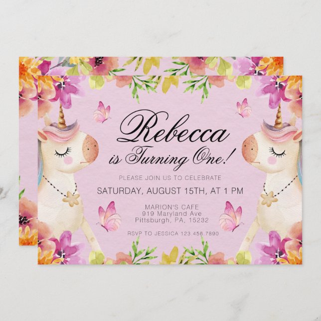 Convite Rainbow Unicorn Birthday Girls (Frente/Verso)