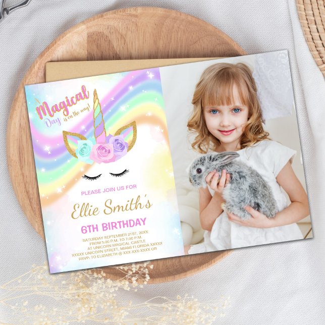 Convite Rainbow Unicorn Birthday Invitations with photo (Rainbow Unicorn Birthday Invitations with photo)