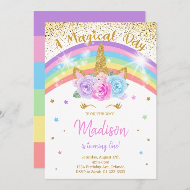 Convite Rainbow Unicorn Birthday Invite (Frente/Verso)