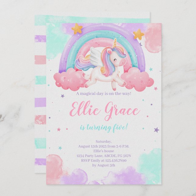 Convite Rainbow Unicorn Birthday Magical Unicorn (Frente/Verso)