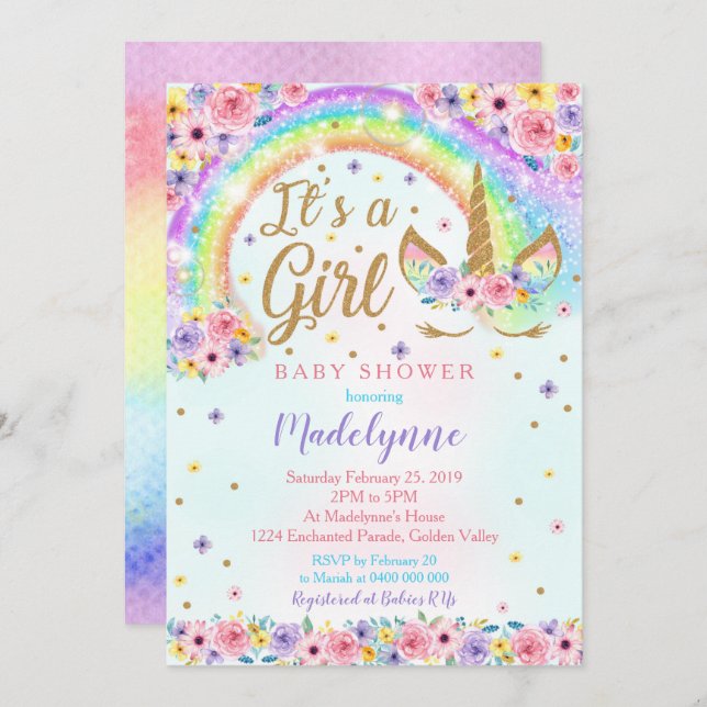 Convite Rainbow Unicorn Chá de fraldas Invitation Girl (Frente/Verso)