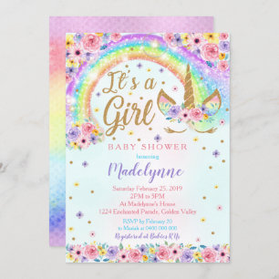 Convite Rainbow Unicorn Chá de fraldas Invitation Girl