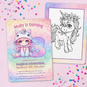 Convite Rainbow Unicorn chibi girl aniversário de 3 anos