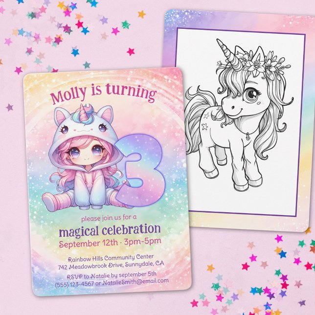 Convite Rainbow Unicorn chibi girl aniversário de 3 anos (Criador carregado)