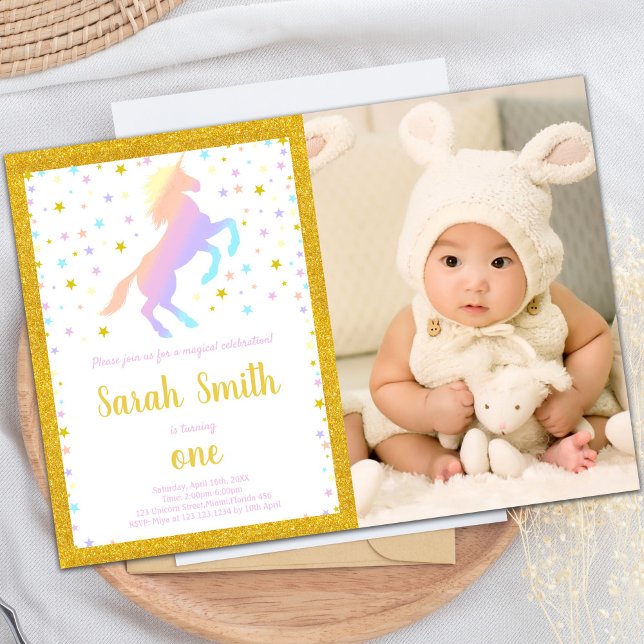 Convite Rainbow Unicorn convoca com foto (Rainbow Unicorn Invitations with photo)