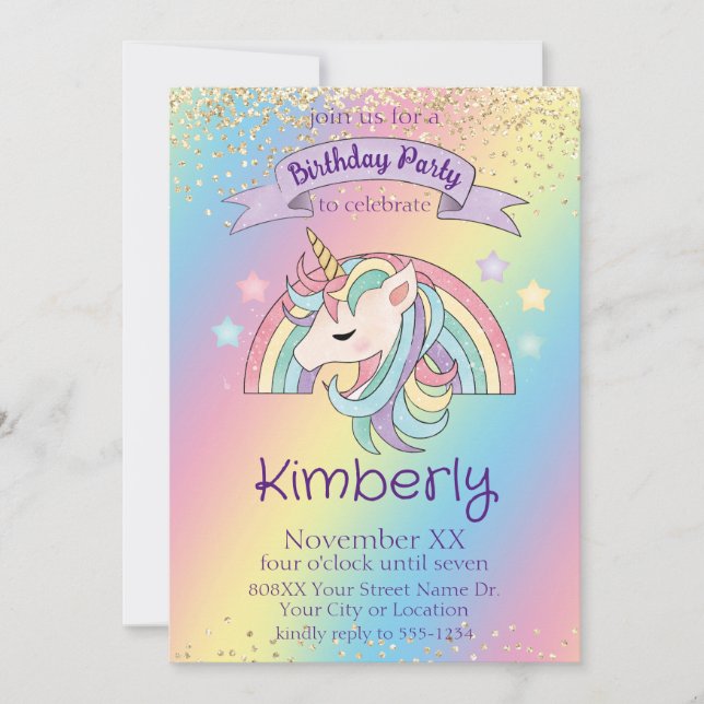 Convite Rainbow Unicorn Dourado Glitter Birthday (Frente)