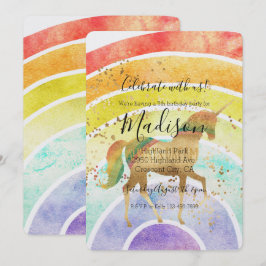 Convite Rainbow Unicorn Dream Confetti Dourado Aniversário