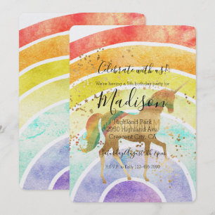 Convite Rainbow Unicorn Dream Confetti Dourado Aniversário