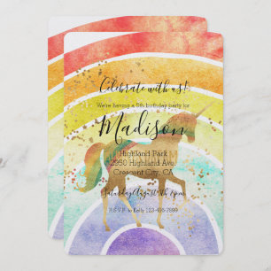 Convite Rainbow Unicorn Dream Dourado Confetti Aniversário