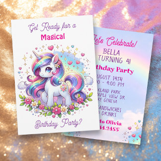 Convite Rainbow Unicorn Girl's Birthday Party