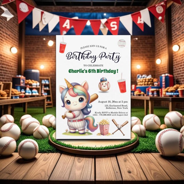 Convite Rainbow Unicorn jogando Baseball 6 Birthday (Criador carregado)
