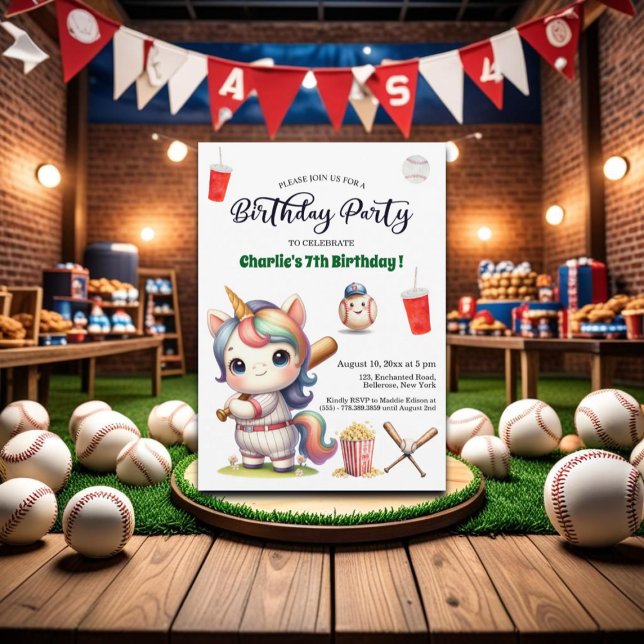 Convite Rainbow Unicorn jogando Baseball 7 Birthday (Criador carregado)