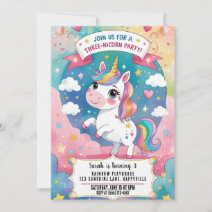 Convite Rainbow Unicorn Magical aniversário de 3 anos Unic