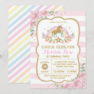 Convite Rainbow Unicorn Party Birthday Convide Pink Floral