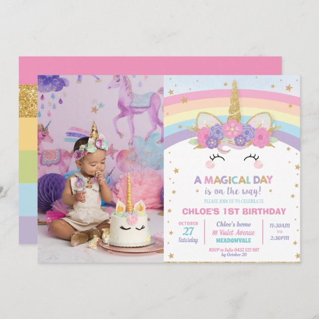 Convite Rainbow Unicorn Party Girl with Photo (Frente/Verso)