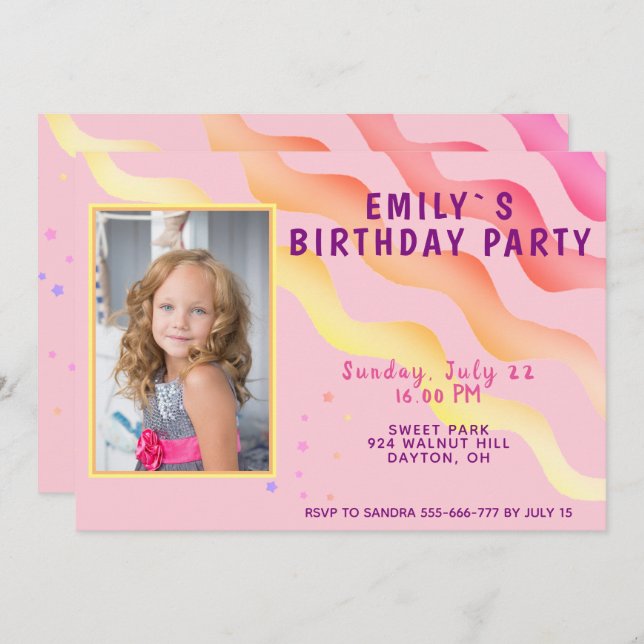 Convite Rainbow Waves Stars Pink Girl Fotografia Festa de  (Frente/Verso)
