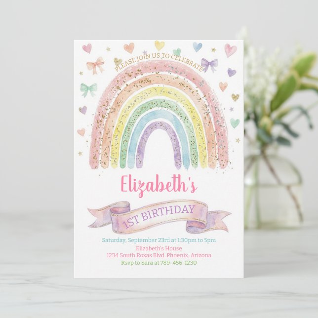 Convite Rainbows and Hearts First Birthday Invite Pastel (Em pé/Frente)