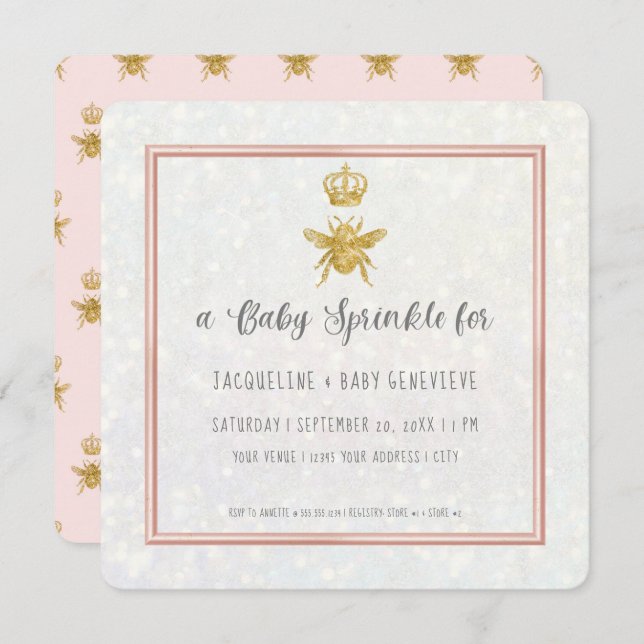 Convite Rainha Abelha Coroa Dourada Cinza Rosa Elegante (Frente/Verso)