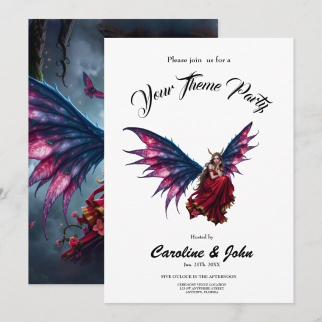 Convite Rainha das Fadas da Fantasia Sombria com Asas de B (Frente/Verso)