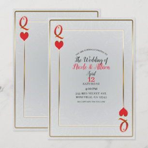 Convite Rainha de Copas em Ouro Branco e Vermelho Elegante
