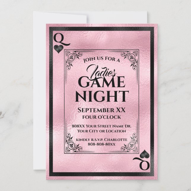 Convite Rainha de Copas Rosa Noite de Jogos para Senhoras (Frente)