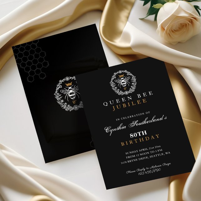 Convite Rainha Elegante Jubilee Black & Dourado Birthday (Elegant Queen Bee Jubilee Black & Gold Birthday Invitation)