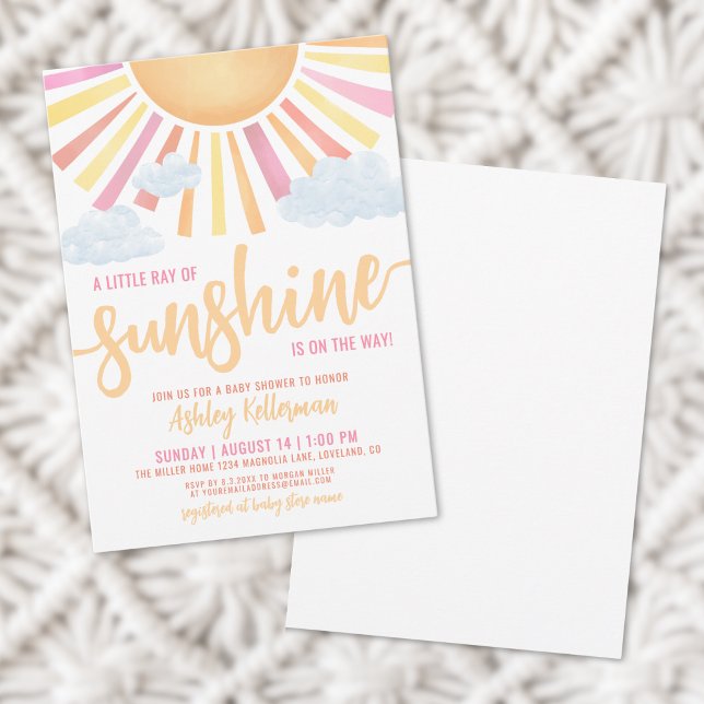 Convite Raio de Sol Festa de Bebê Menina Rosa (Ray Of Sunshine Pink Girl Baby Shower Invitation)