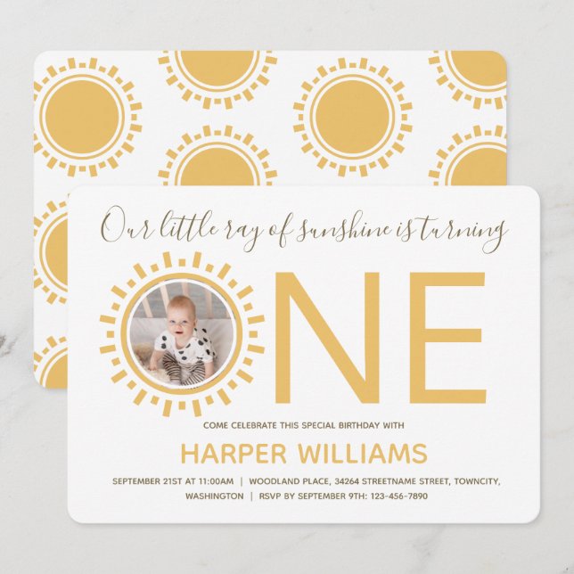 Convite Raio do Sol Foto Bebê Primeiro Aniversário (Frente/Verso)