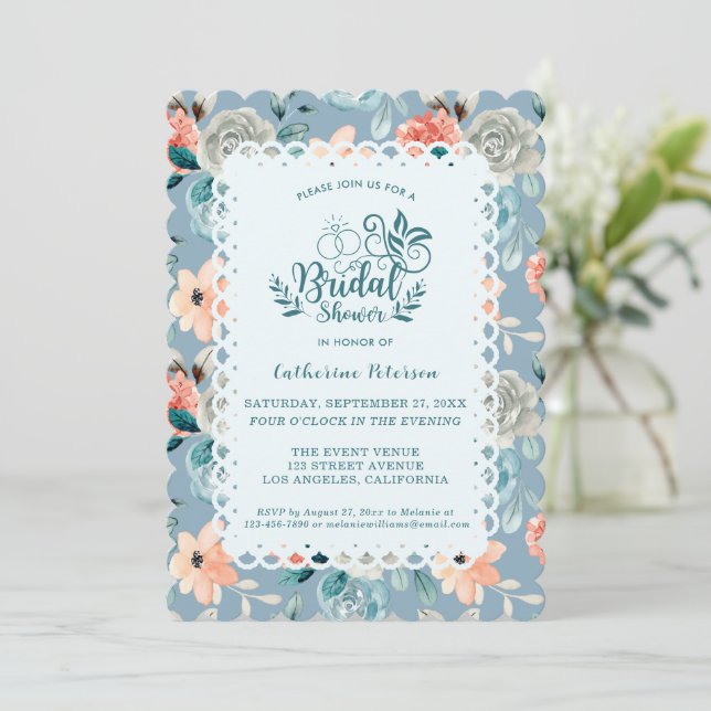 Convite Raio Floral Azul Dusty | Caligrafia decorativa (Em pé/Frente)