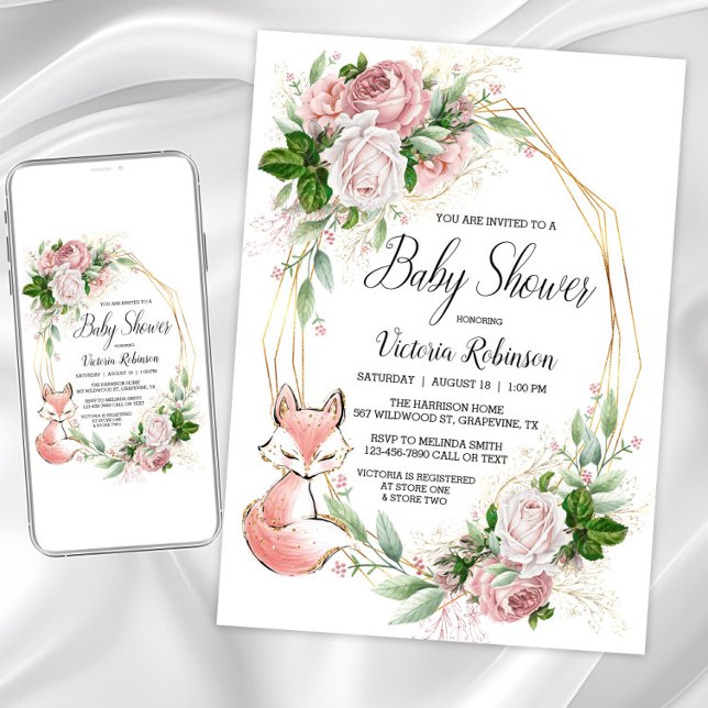 Convite Raiz Fox Watercolor Chá de fraldas (Cute fox pink floral baby shower invitations. Instant download and printed invitations available.)