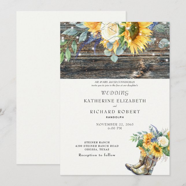 Convite Raízes e Luzes Rústicas De Madeira De Girassol (Frente/Verso)