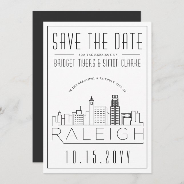Convite Raleigh Wedding | Skyline Estilizado Salvar a Data (Frente/Verso)