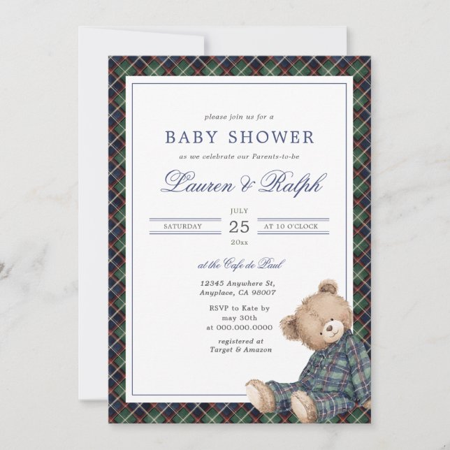 Convite Ralph Plaid Teddy Bear Boy Navy Preppy Baby Shower (Frente)
