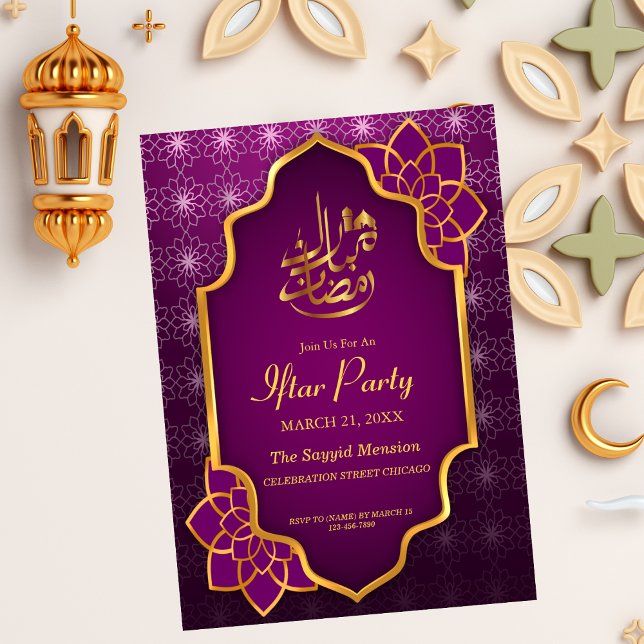 Convite Ramadan Mubarak Purple Ouro Floral Iftar Party (Criador carregado)