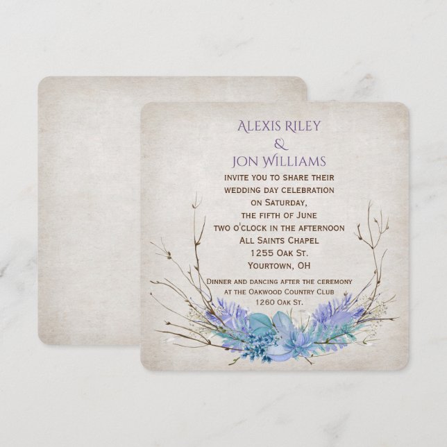 Convite ramalhete de casamento roxo e aqua em textura (Frente/Verso)