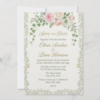 Convite Ramalhete de Rosa e Hera Cor-de-Rosa Save the Date