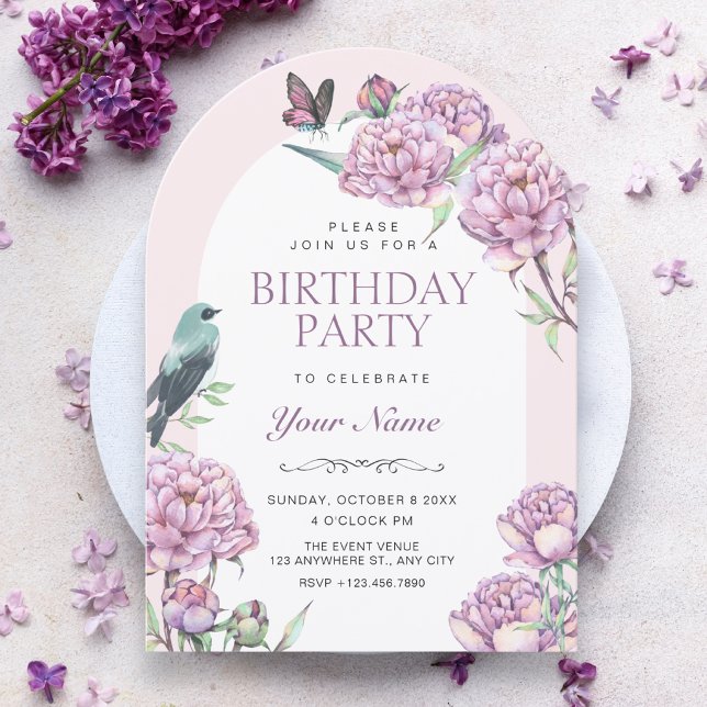 Convite Ramalhete floral roxo de aniversário (Criador carregado)