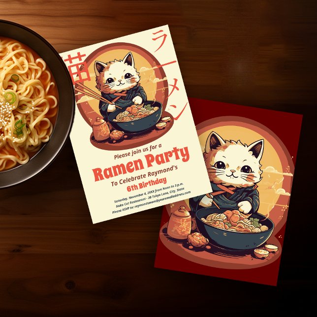 Convite Ramen Festa de aniversário com japonês Ramen Cat (Criador carregado)
