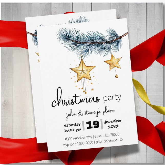 Convite Ramificação da Árvore de Feriados com Festa de Est (Modern holiday party Christmas customizable invitation with pine and gold stars)