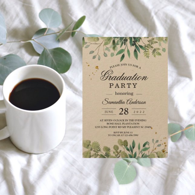 Convite Ramificação de Folhas Verdes da Kraft Watercolor (Criador carregado)