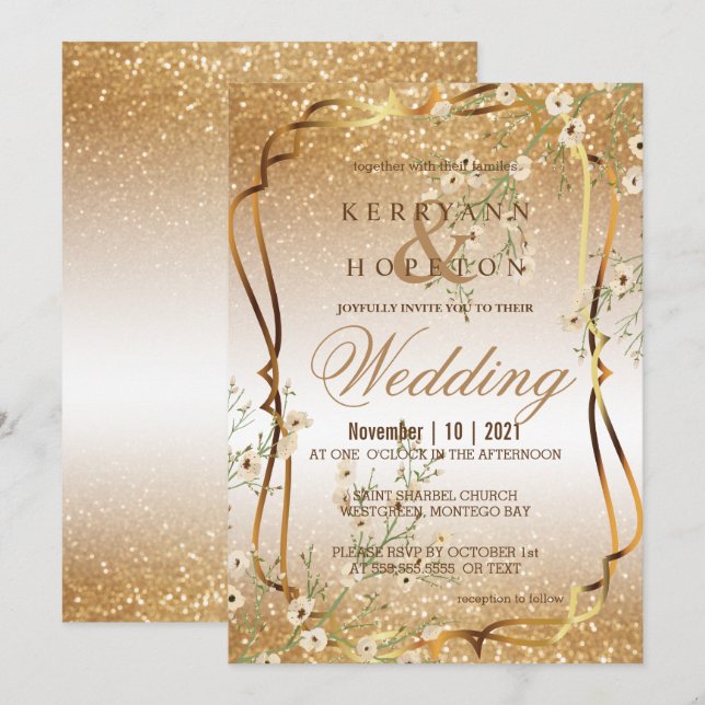 Convite Ramificação Floral Branca e Dourada Glitter (Frente/Verso)