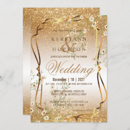 Convite Ramificação Floral Branca e Dourada Glitter