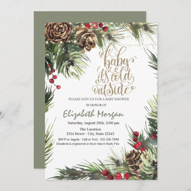 Convite Ramificações da árvore do pinheiro,Chá de fraldas  (Frente/Verso)