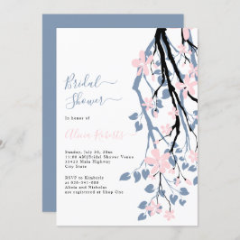 Convite Ramo azul empoeirado, chá de panela de flores rosa