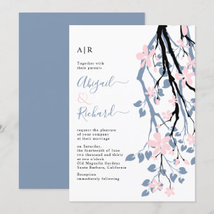 Convite Ramo azul empoeirado, iniciais de casamento de flo