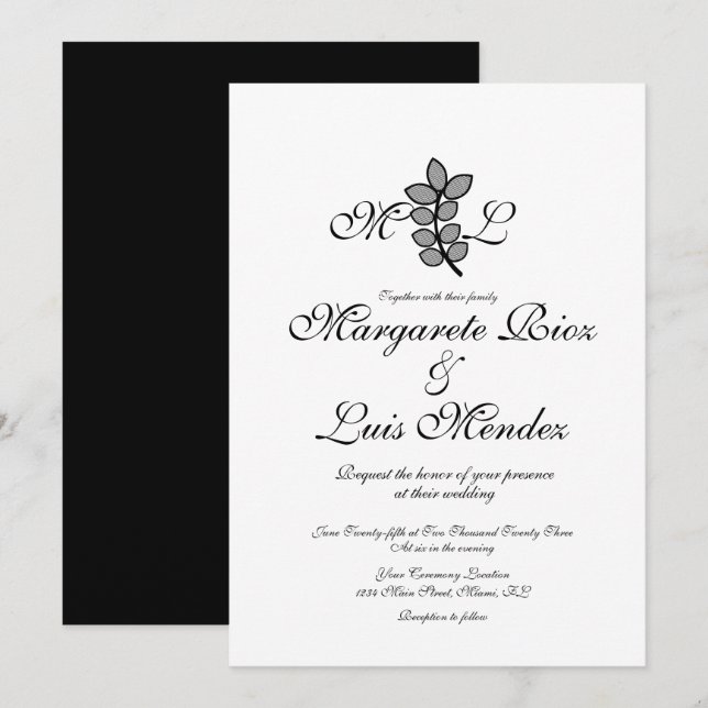 Convite Ramo Botânico Caligrafia Monogramada Casamento  (Frente/Verso)