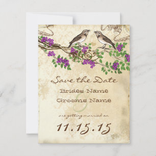 Convite Ramo de Flor Roxa Pássaros Vintage Casamento RSVP