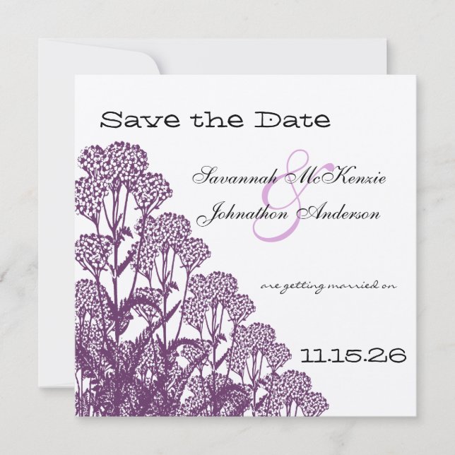 Convite Ramo de Flor Selvagem Roxa Casamento Save the Date (Frente)