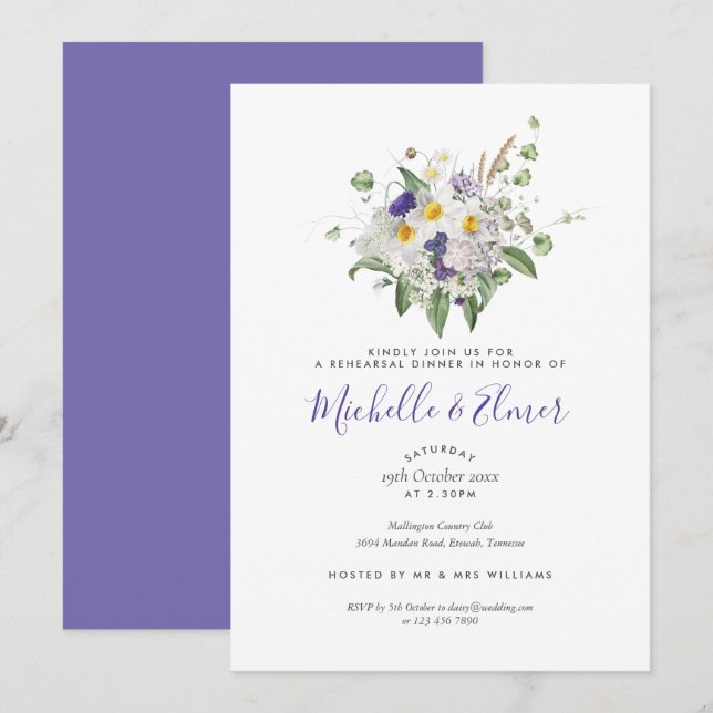 Convite Ramo de Flores Silvestres Country para Jantar de R (Frente/Verso)