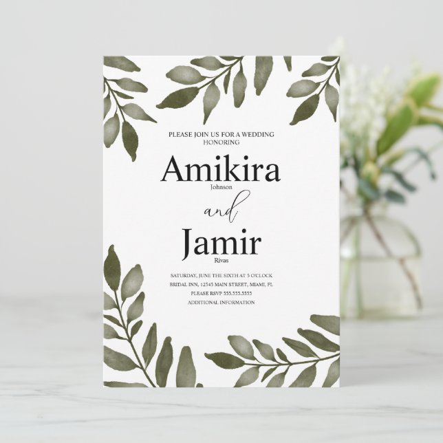 Convite Ramo de Folha de Aquarela Verde Simples Casamento  (Em pé/Frente)